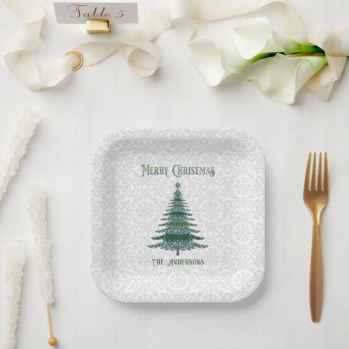 Modern Christmas Tree Personalized Green White Paper Plates