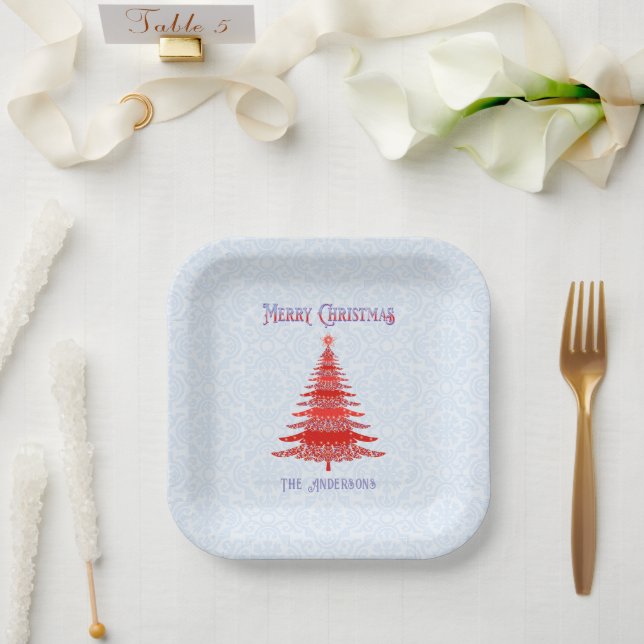 Modern Christmas Tree Personalized Red Blue Paper Plates (Wedding)