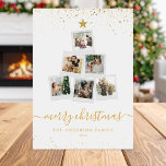 Modern Christmas Tree Photo Collage Holiday Card<br><div class="desc">Personalized Christmas cards featuring a Christmas tree shaped photo collage with 6 pictures alongside elegant minimalist typography in gold color. Reverse side features your custom holiday message to friends and family with one square photo.</div>