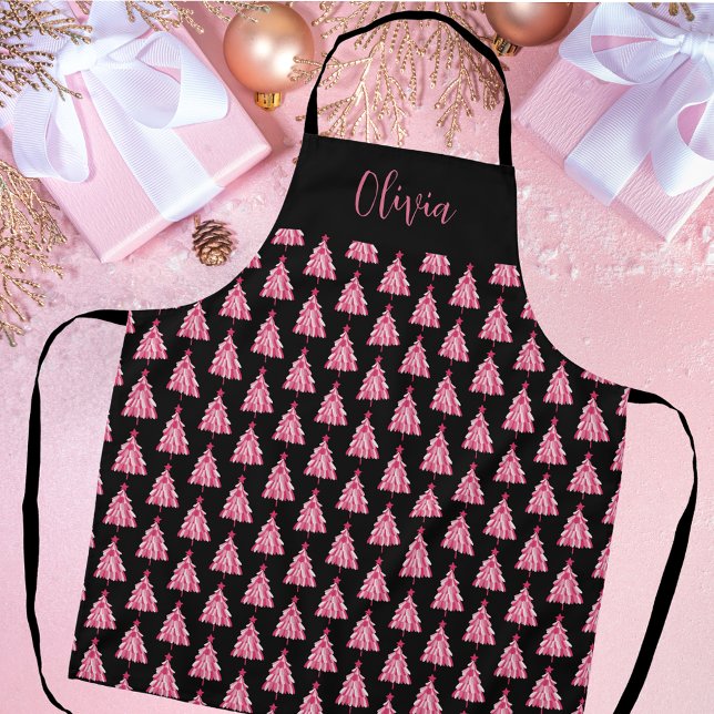 Modern Christmas Tree Pink Black Apron (Modern Christmas kitchen apron personalized first name in pink and black Christmas Tree design.)