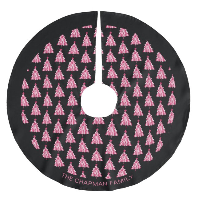 Modern Christmas Tree Pink Black family name Brushed Polyester Tree Skirt (Front)
