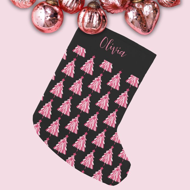 Modern Christmas Tree Pink Black Small Christmas Stocking (Modern Christmas stocking with personalized name in pink and black christmas tree design.)