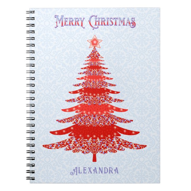 Modern Christmas Tree Red Blue Personalized Notebook (Front)