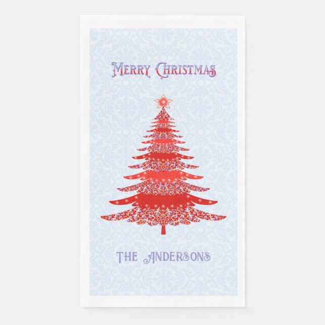 Modern Christmas Tree Red Blue Personalized Paper Guest Towels (Front)