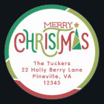 Modern Christmas Tree Red & Green Return Address Classic Round Sticker<br><div class="desc">This festive design features modern red and green typography and a whimsical Christmas tree with a geometric border! Click the customize button for more flexibility in modifying/adding text and design elements! Variations of this design as well as coordinating products are available in our shop, zazzle.com/store/doodlelulu. Contact us if you need...</div>