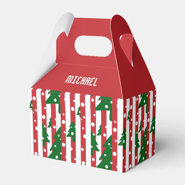 Modern Christmas Tree Red Green Striped pattern Favor Boxes (Front Side)