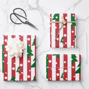 Modern Christmas Tree Red Green Striped pattern Wrapping Paper Sheets