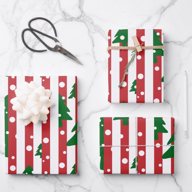 Modern Christmas Tree Red Green Striped pattern Wrapping Paper Sheets (Front)