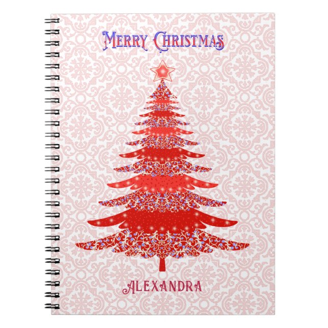 Modern Christmas Tree Red Personalized Snowflakes Notebook (Front)
