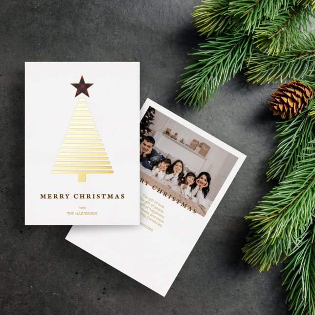 Modern Christmas Tree Red Tartan Star Photo Foil Holiday Card (Creator Uploaded)