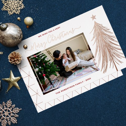 Modern Christmas Tree Rose Gold Custom Photo  Foil Holiday Card
