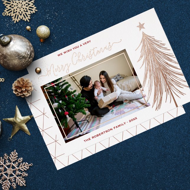 Modern Christmas Tree Rose Gold Custom Photo  Foil Holiday Card (Creator Uploaded)