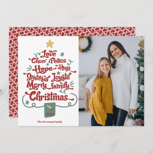 Modern Christmas tree script typography photo red Holiday Card