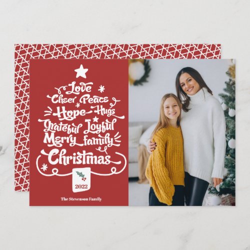 Modern Christmas tree script typography photo red Holiday Card