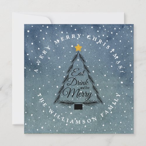 Modern Christmas Tree Snowfall Dark Blue Holiday Card