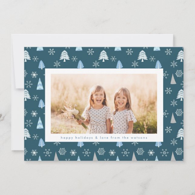 Modern Christmas Tree Snowflake Photo Custom Text Holiday Card (Front)