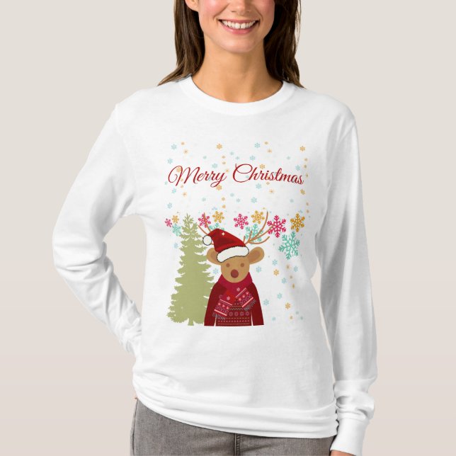 Modern Christmas Tree Snowflake Reindeer Christmas T-Shirt (Front)
