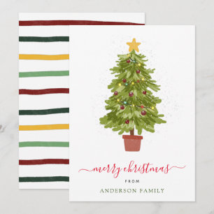Modern Christmas Tree Snowy Colorful Stripes Holiday Card