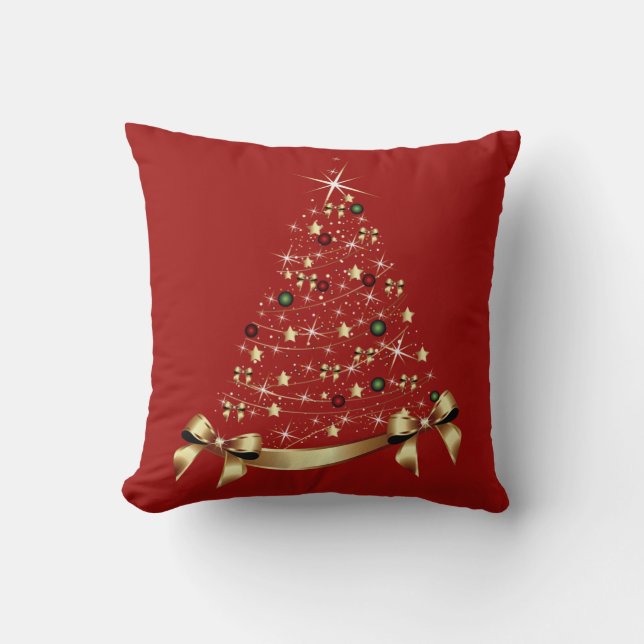 Modern Christmas Tree Stars Ornament Gold Bow Throw Pillow (Front)
