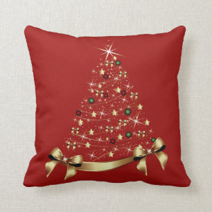 Modern Christmas Tree Stars Ornament Gold Bow Throw Pillow