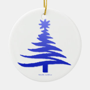 Modern Christmas Tree Stencil Print Blue Ceramic Ornament