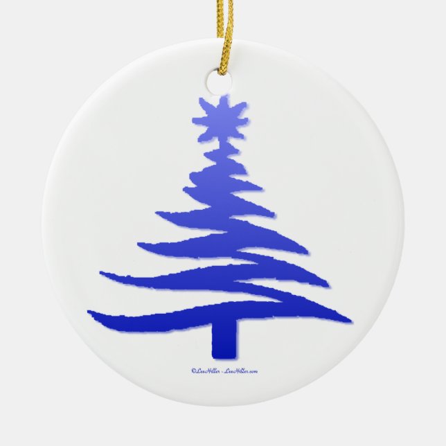 Modern Christmas Tree Stencil Print Blue Ceramic Ornament (Front)