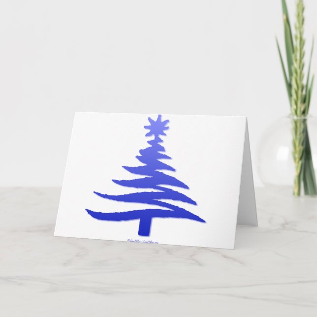Modern Christmas Tree Stencil Print Blue Holiday Card (Front)
