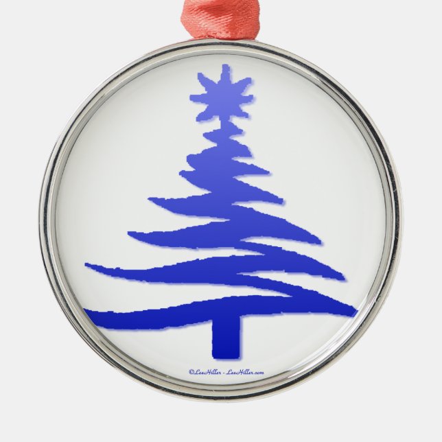 Modern Christmas Tree Stencil Print Blue Metal Ornament (Front)