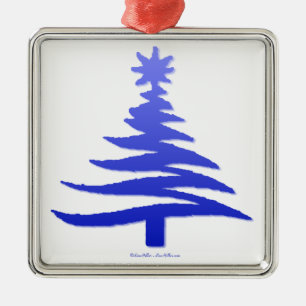 Modern Christmas Tree Stencil Print Blue Metal Ornament