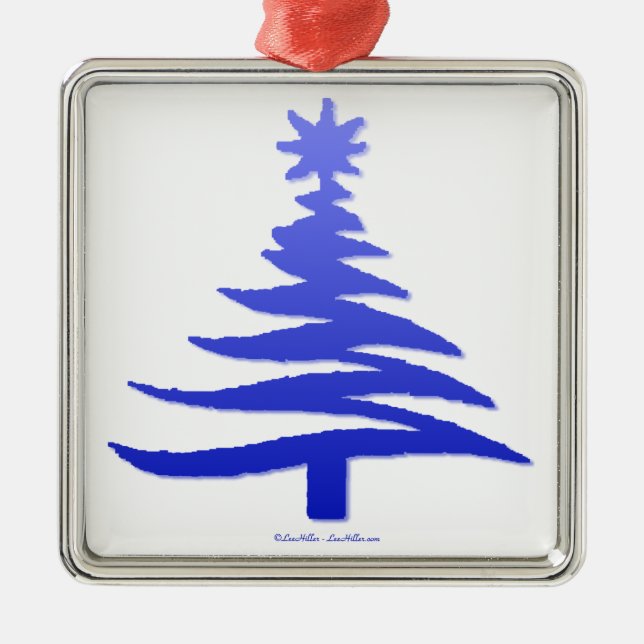 Modern Christmas Tree Stencil Print Blue Metal Ornament (Front)