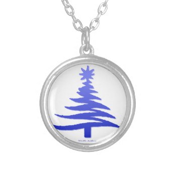 Modern Christmas Tree Stencil Print Blue Silver Plated Necklace by leehillerloveadvice at Zazzle