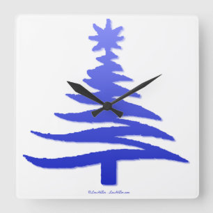 Modern Christmas Tree Stencil Print Blue Square Wall Clock