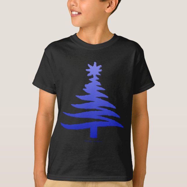 Modern Christmas Tree Stencil Print Blue T-Shirt (Front)