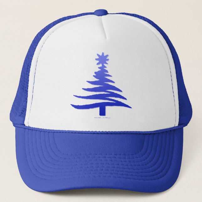 Modern Christmas Tree Stencil Print Blue Trucker Hat (Front)
