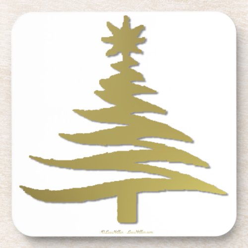 Modern Christmas Tree Stencil Print Gold Beverage Coaster