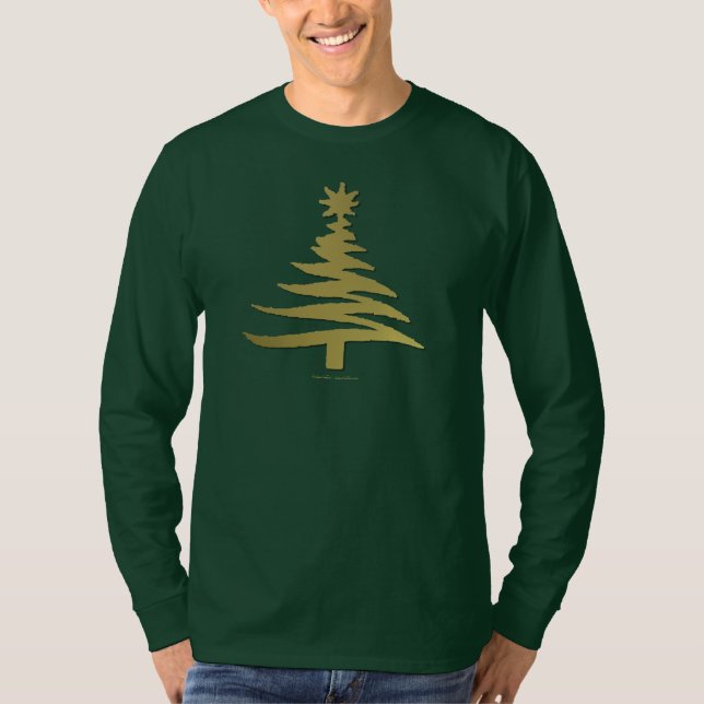 Modern Christmas Tree Stencil Print Gold T-Shirt (Front)