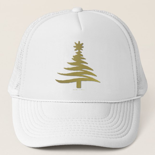 Modern Christmas Tree Stencil Print Gold Trucker Hat (Front)