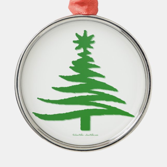 Modern Christmas Tree Stencil Print Green Metal Ornament (Front)