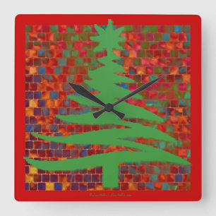 Modern Christmas Tree Stencil Print Green Square Wall Clock