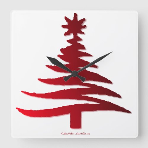 Modern Christmas Tree Stencil Print Red Square Wall Clock