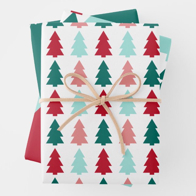 Modern Christmas Tree, Teal, Aqua, Red Wrapping Paper Sheets (In situ)