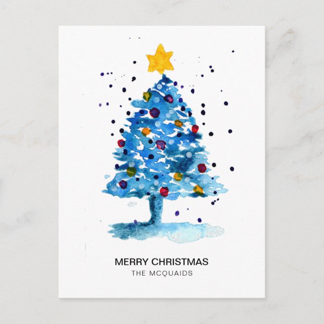 Modern Christmas Tree Watercolor Blue Holiday Postcard (Front)