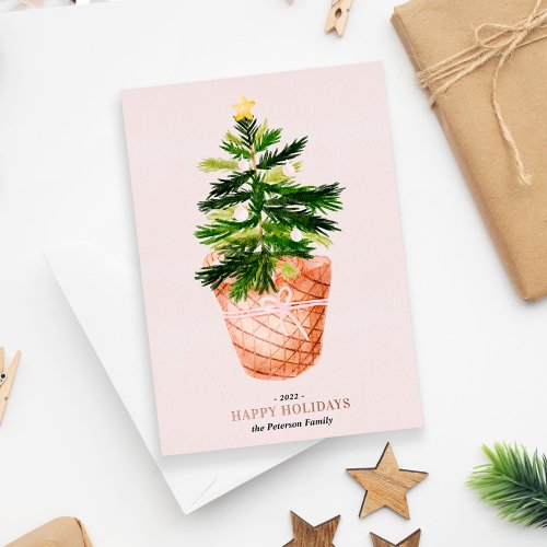 Modern Christmas tree watercolor bow illustration Foil Holiday Card