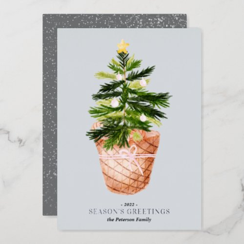 Modern Christmas tree watercolor bow illustration Foil Holiday Card