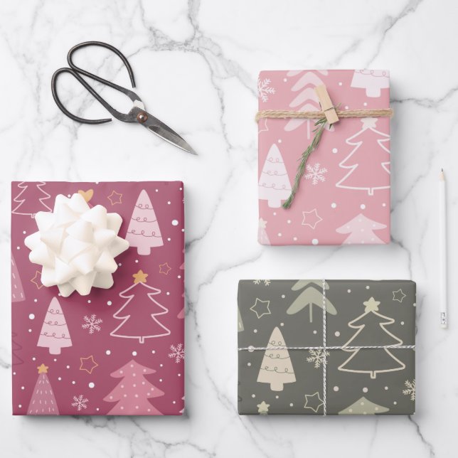 Modern Christmas Trees and Snowflakes Christmas Wrapping Paper Sheets (Front)