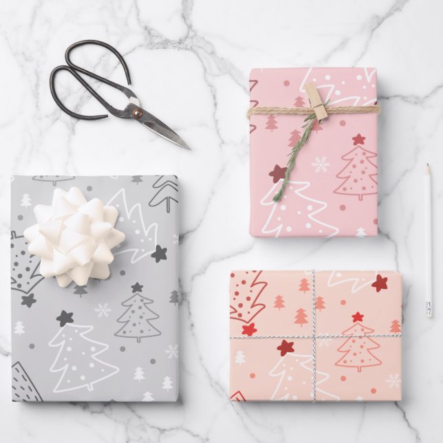 Modern Christmas Trees and Snowflakes Christmas Wrapping Paper Sheets (Front)