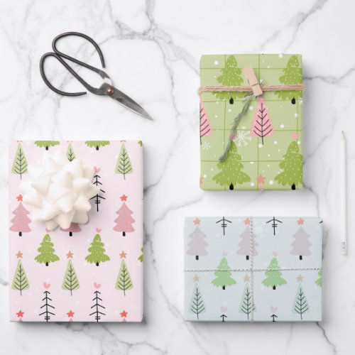 Modern Christmas Trees and Snowflakes Christmas Wrapping Paper Sheets