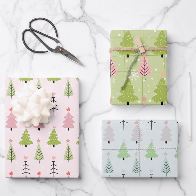 Modern Christmas Trees and Snowflakes Christmas Wrapping Paper Sheets (Front)