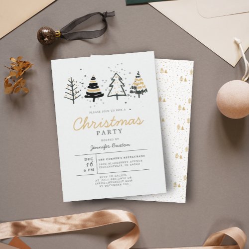 Modern Christmas Trees Black  Gold Holiday Party Invitation