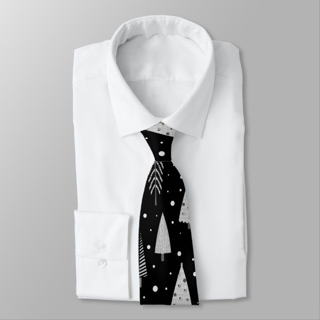 Modern Christmas Trees Black Gray Pattern Neck Tie (Tied)